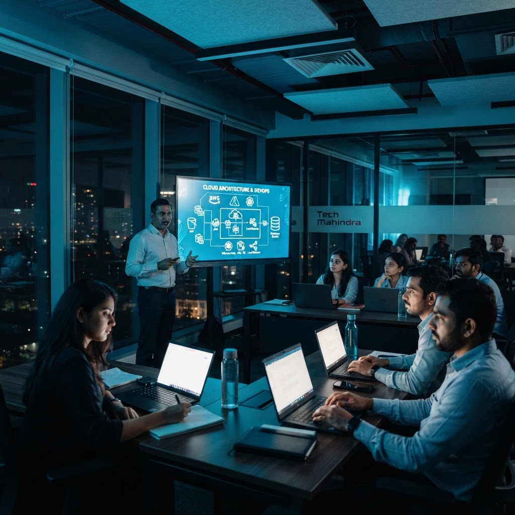 Instructor presenting cloud architecture to professionals in a corporate training classroom