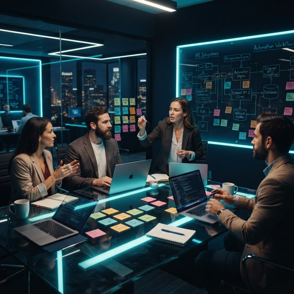 Small group of professionals collaborating in an automation workshop around a glass table